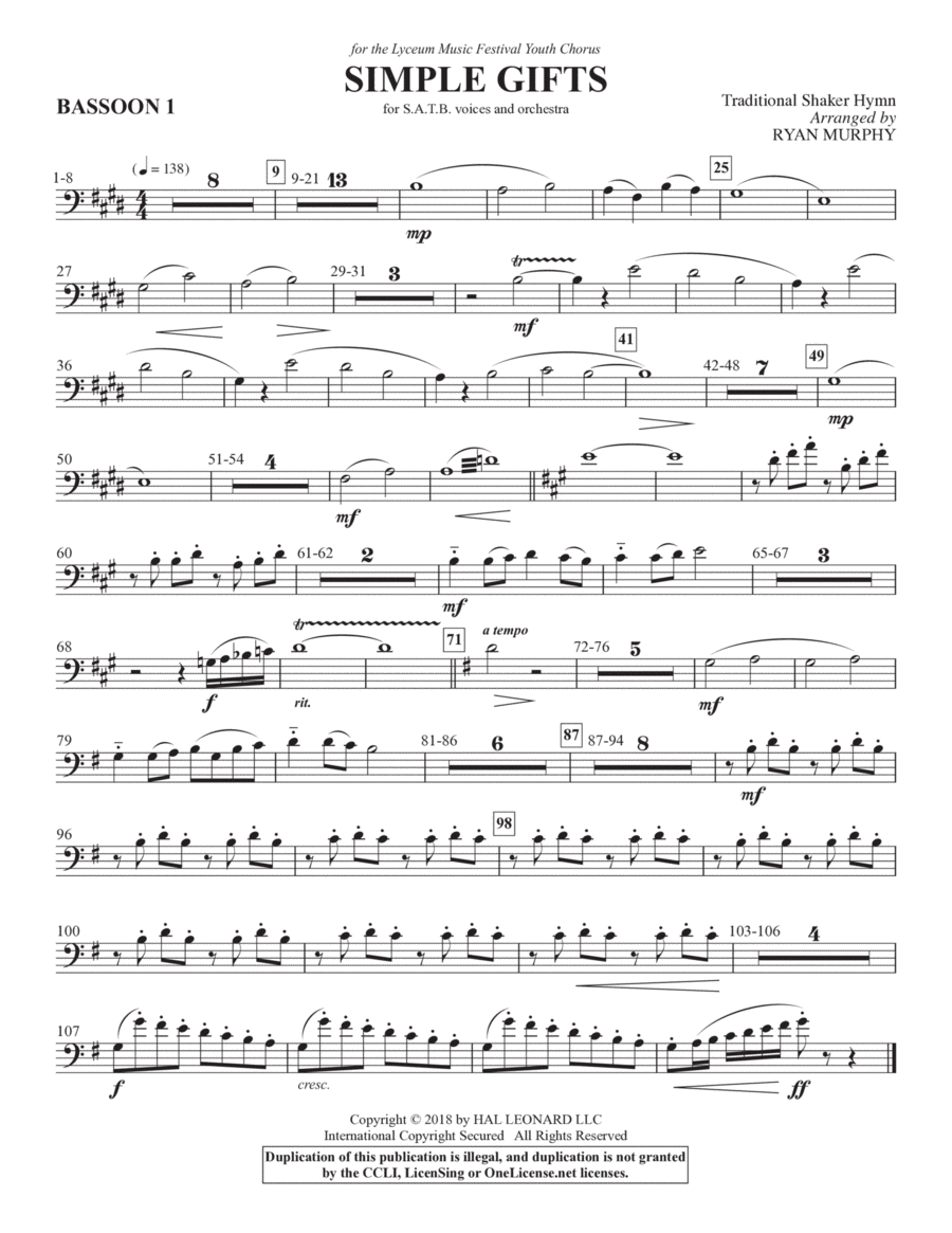 Simple Gifts - Bassoon 1 Choir scores gallery preview page 1
