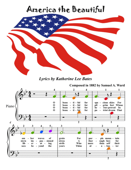 America the Beautiful Beginner Piano Sheet Music with Colored Notation