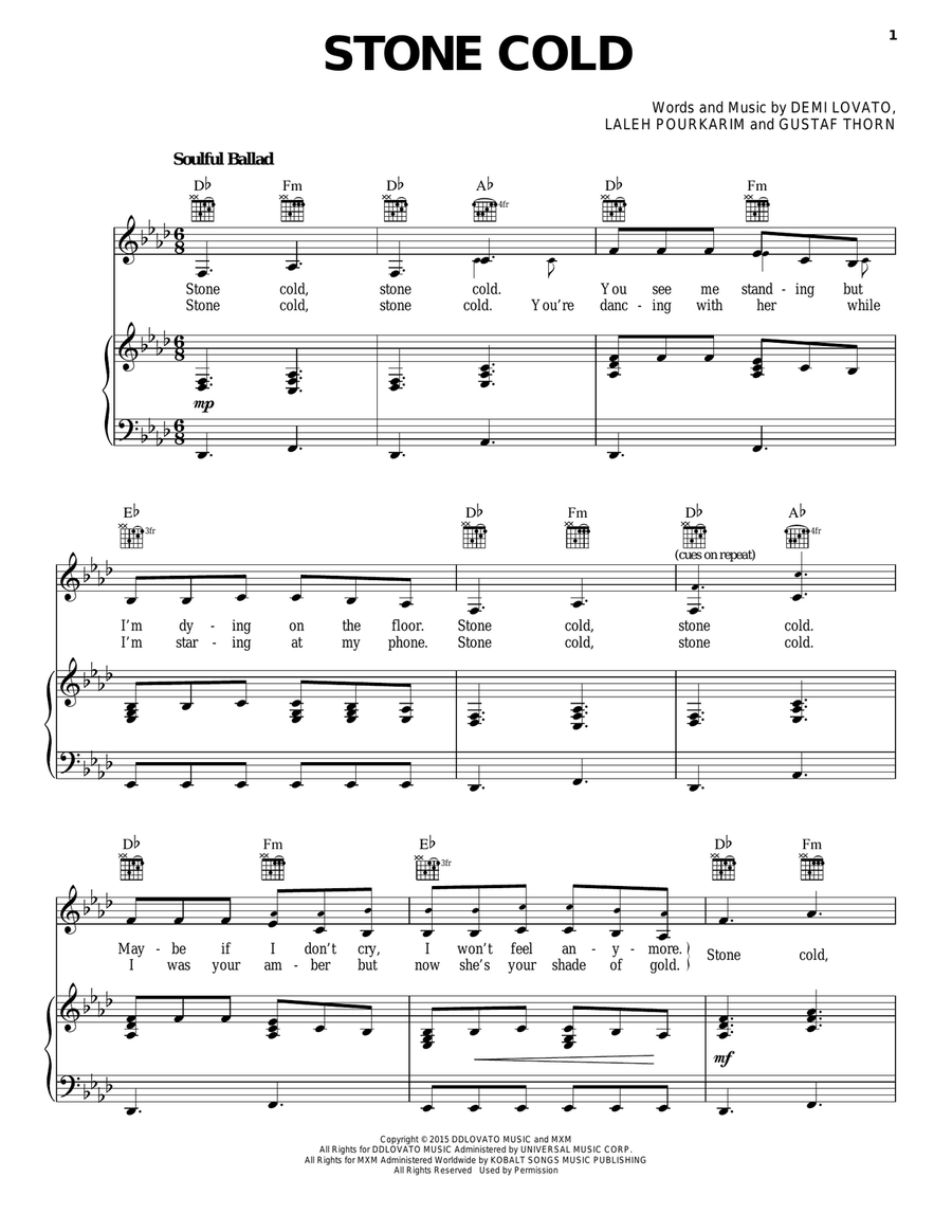 Stone Cold Piano, Vocal, Guitar scores gallery preview page 1