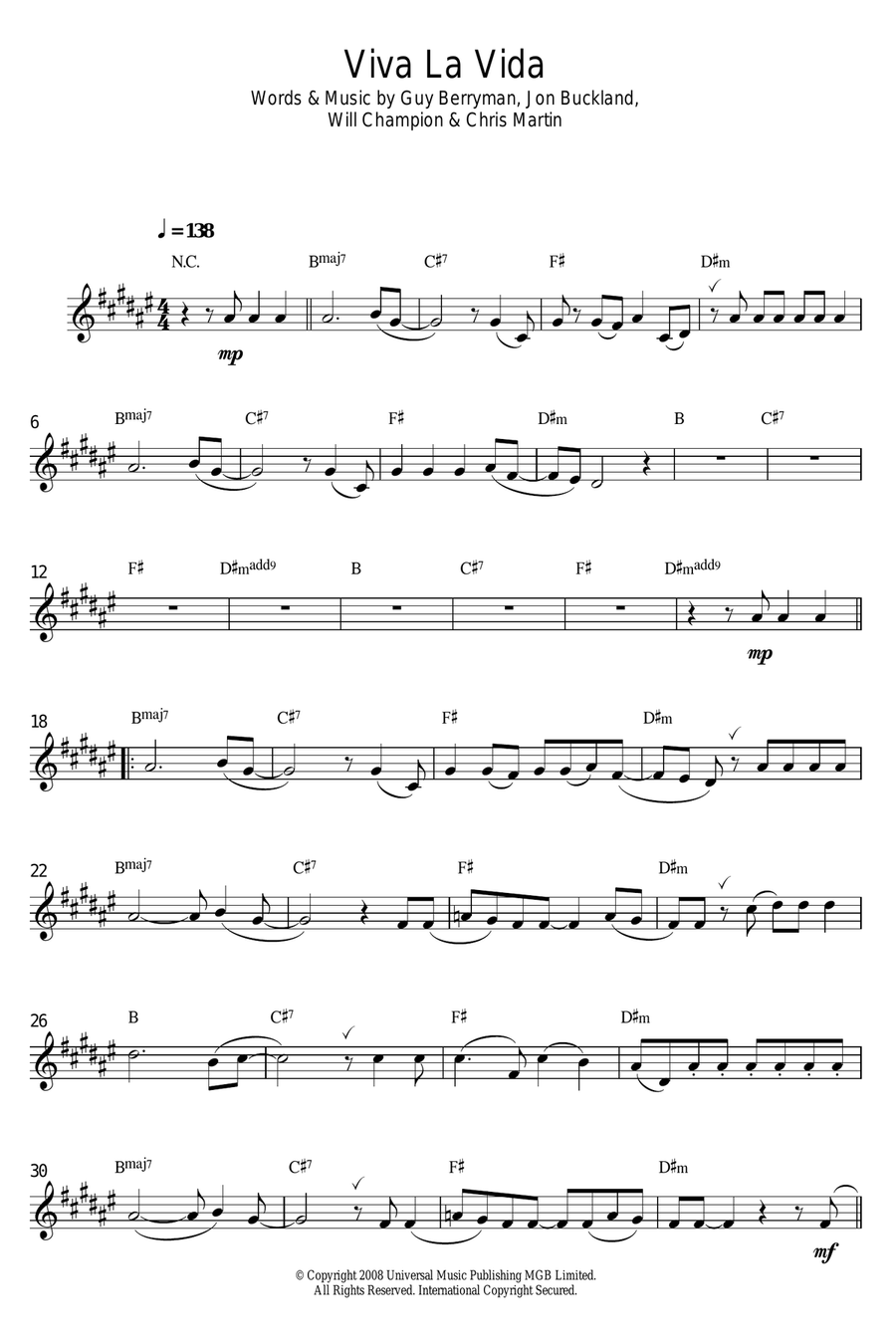 Viva La Vida Viva La Vida Alto Saxophone scores gallery preview page 1