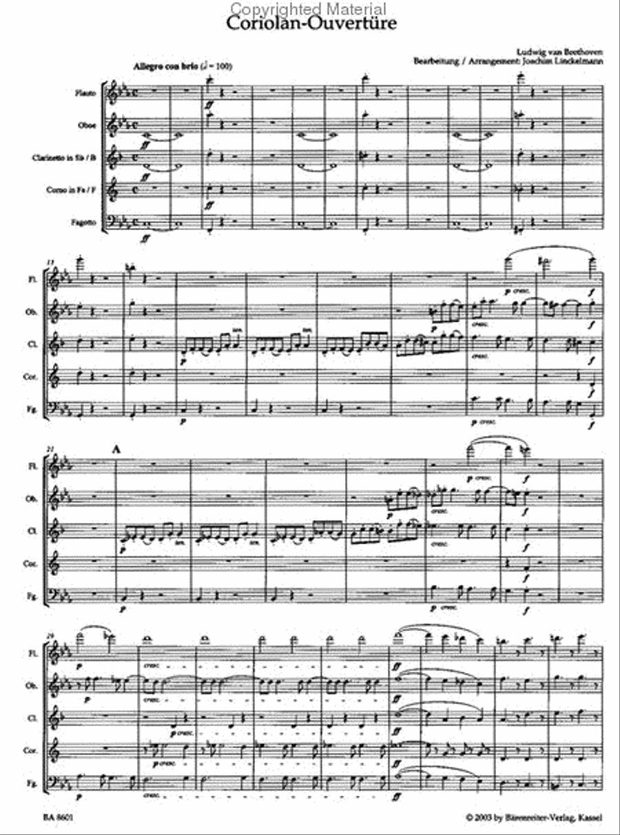 Coriolan-Ouverture for Woodwind Quintet op. 62 Woodwind Quintet scores gallery preview page 2