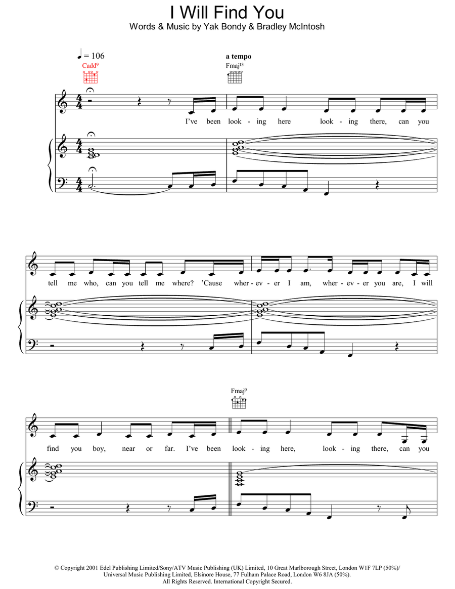 I Will Find You Piano, Vocal, Guitar scores gallery preview page 1