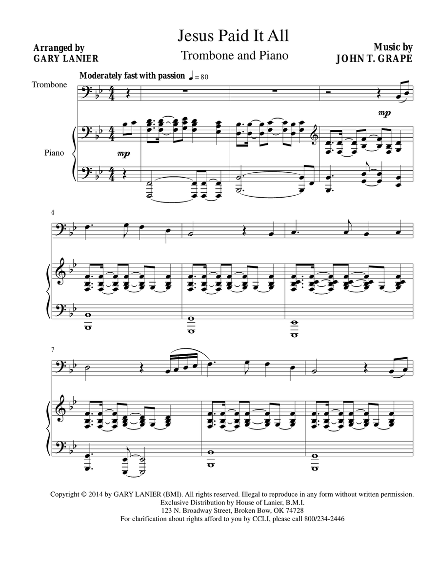 JESUS PAID IT ALL (Trombone and Piano with Trb Part) Trombone Duet scores gallery preview page 1
