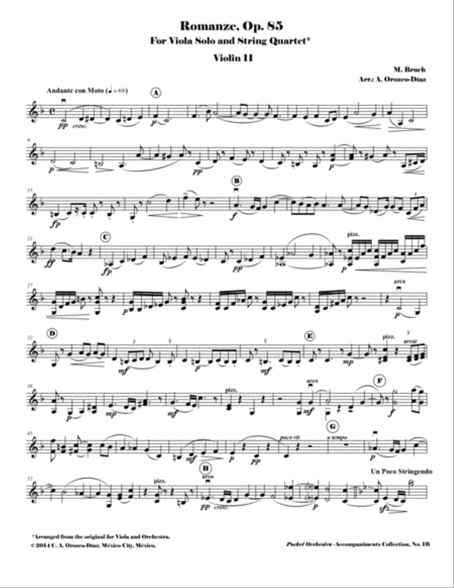 Bruch - Romanze for Viola and Orchestra, Op. 85 (Accompaniment Reduction for String Quartet, PARTS) String Quartet scores gallery preview page 4