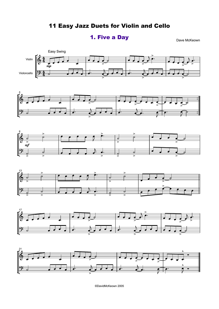11 Easy Jazz Duets for Violin and Cello String Duet scores gallery preview page 2