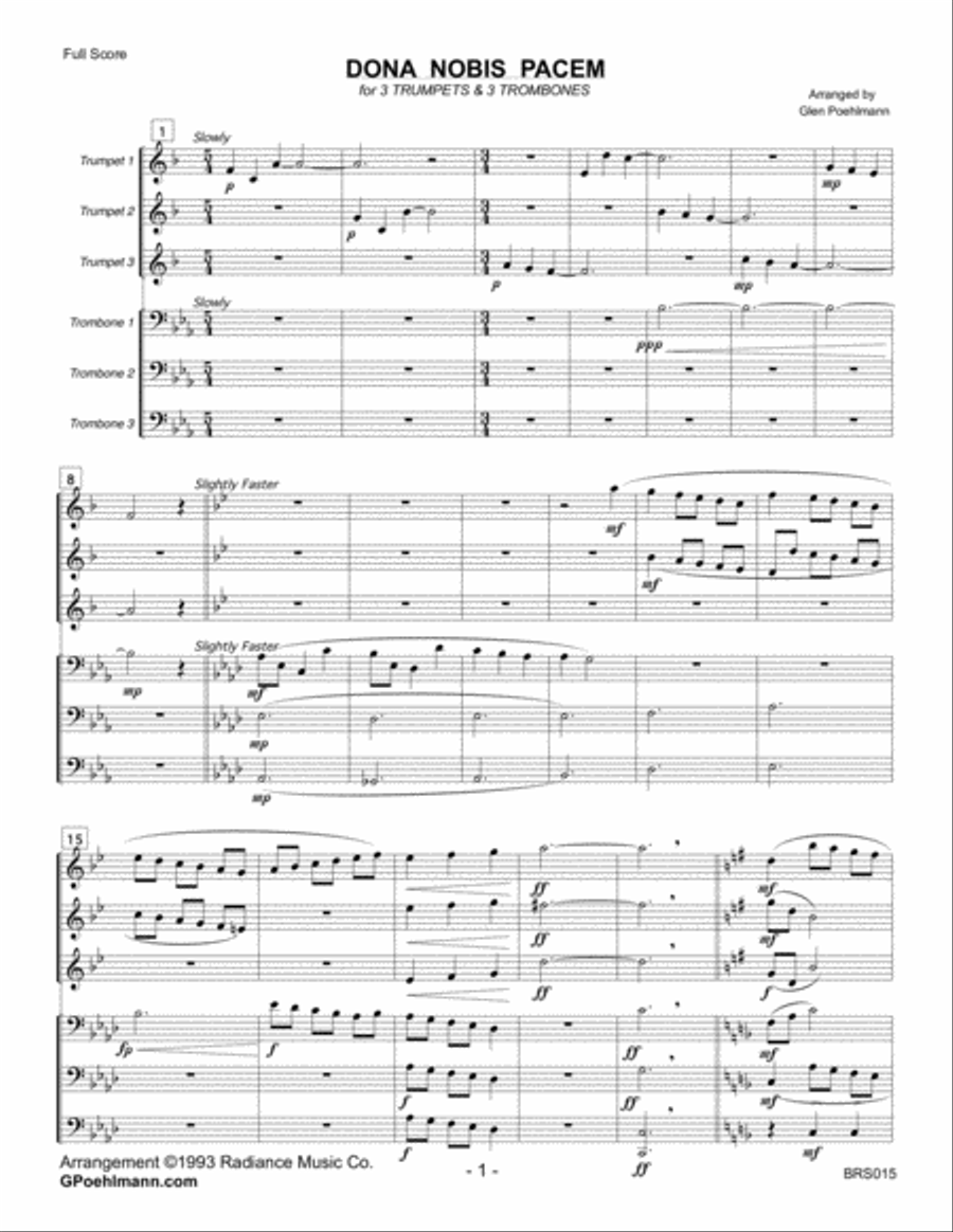 DONA NOBIS PACEM (Give Us Peace) - 3 TRUMPETS & 3 TROMBONES Brass Ensemble scores gallery preview page 1