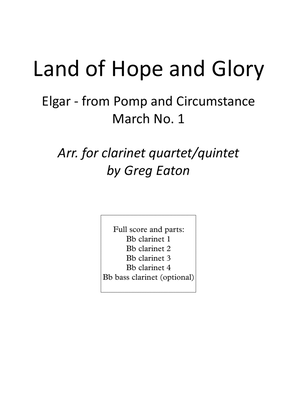 Book cover for Land of Hope and Glory (Elgar) - Arr. clarinet quartet by Greg Eaton. Optional additional bass clari