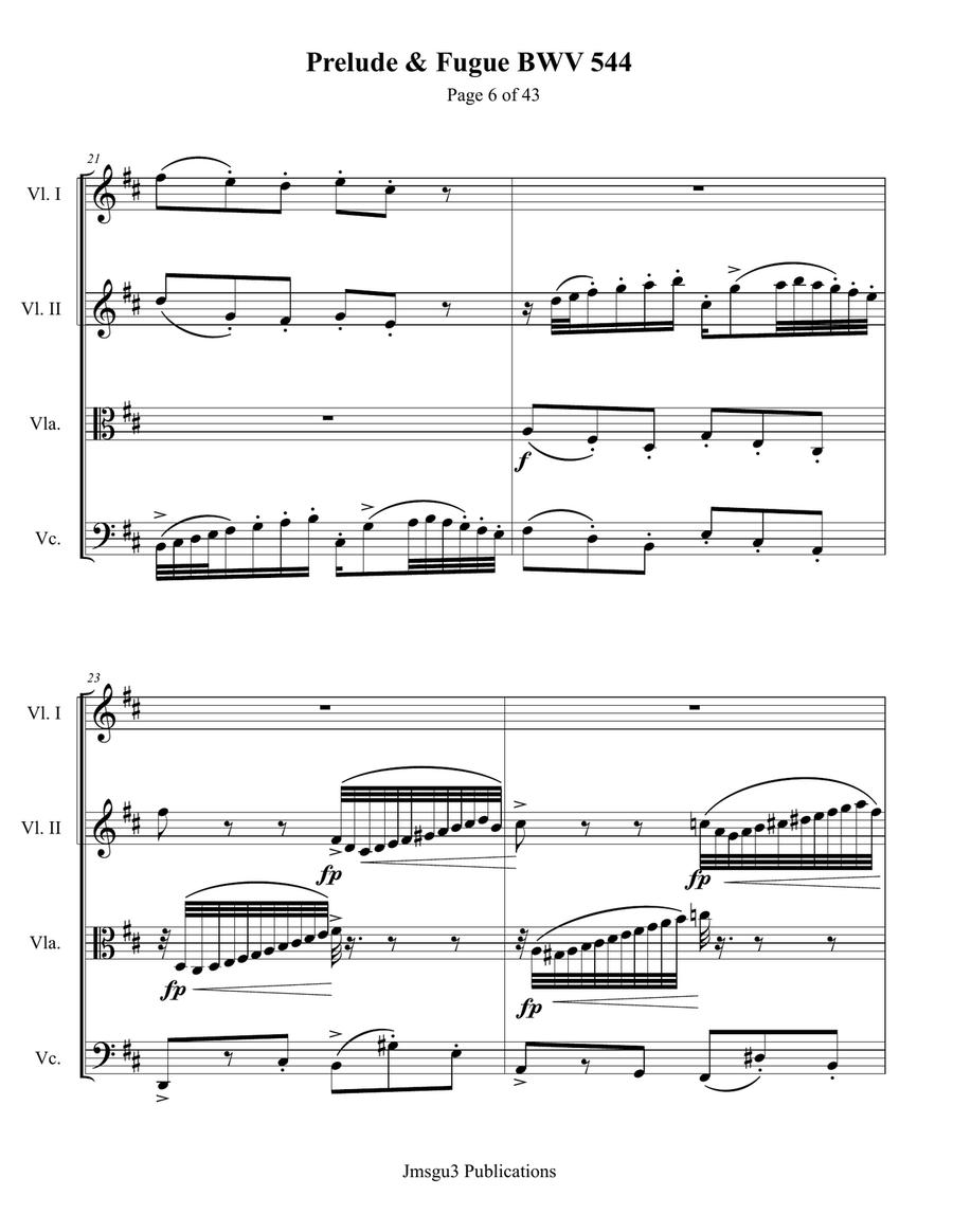 Bach: Prelude & Fugue in B Minor BWV 544 for String Quartet String Quartet scores gallery preview page 6