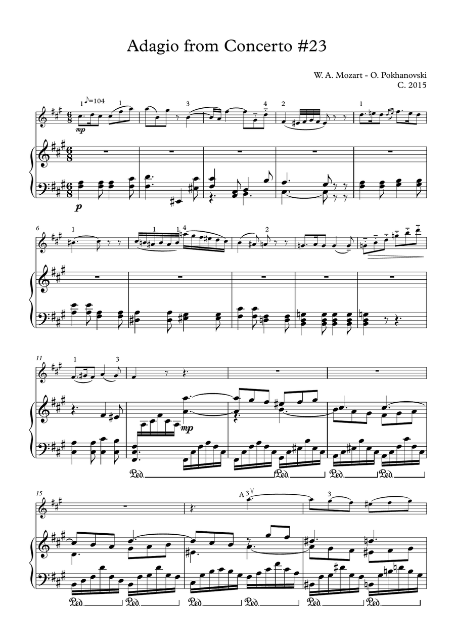 Mozart Piano Concerto #23: Adagio for violin and piano Violin Solo scores gallery preview page 1