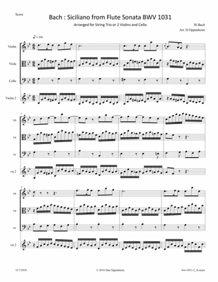 Bach: Siciliano from Flute Sonata BWV 1031 arranged for String Trio or 2 Violins and Cello