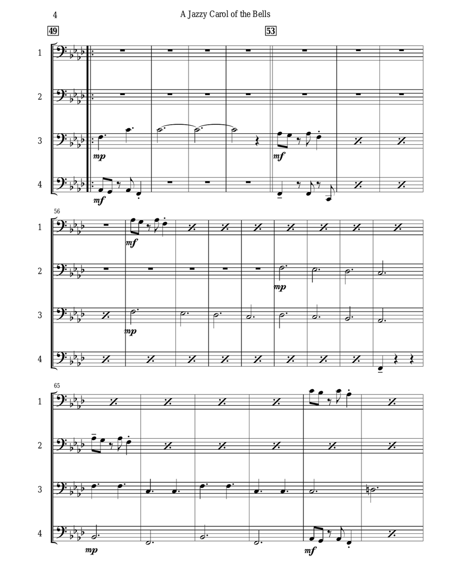 Carol of the Bells (Jazz Waltz for Trombone Quartet) Brass Quartet scores gallery preview page 5