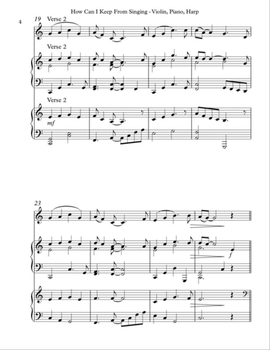 How Can I Keep From Singing, Trio for Violin, Piano & Harp Pedal Harp scores gallery preview page 4