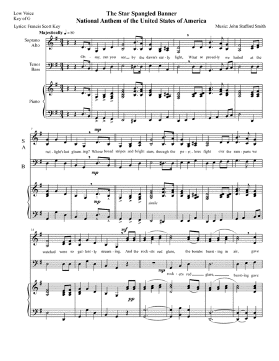 National Anthem: The Star Spangled Banner for Easy 3-part SAB Choir in the Low Key of G. 3-Part scores gallery preview page 1