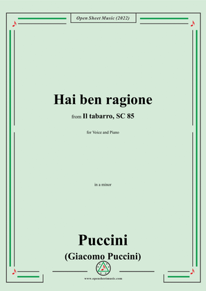 Book cover for Puccini-Hai ben ragione,in a minor,from 'Il tabarro,SC 85',for Voice and Piano