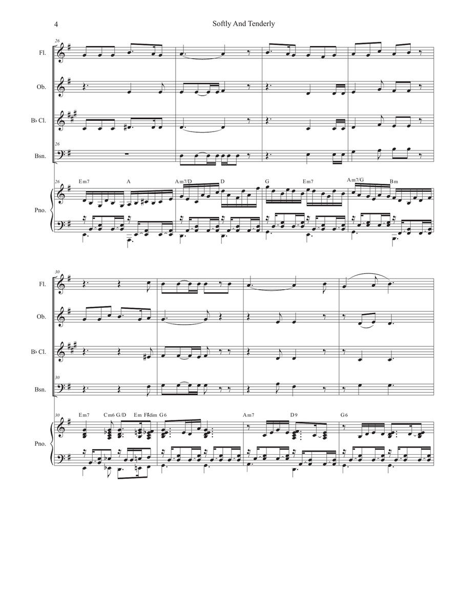 Softly And Tenderly (Woodwind Quartet and Piano) Woodwind Quartet scores gallery preview page 4