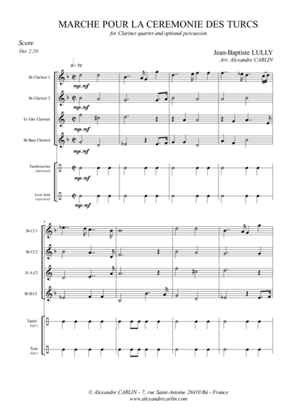 Marche pour la cérémonie des Turcs for Clarinet quartet and optional percussion - Score & parts