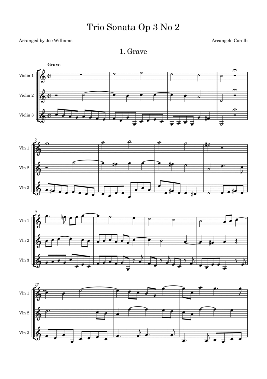 Corelli Trio Sonata Op 3 No 2. String Trio scores gallery preview page 1