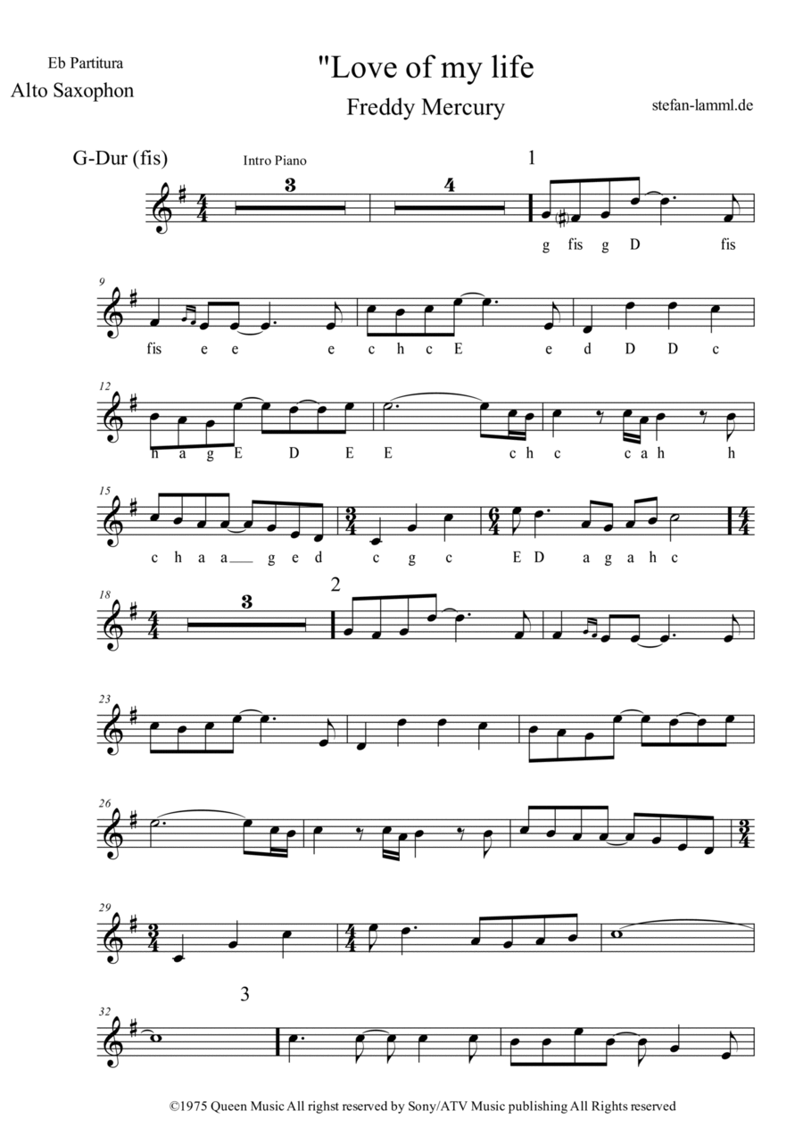 Love Of My Life Alto Saxophone scores gallery preview page 1