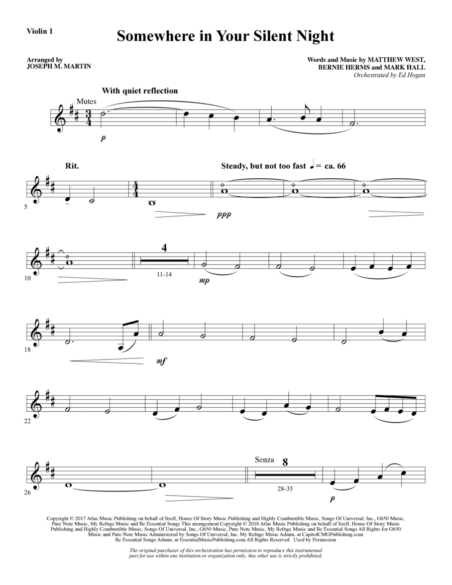Somewhere in Your Silent Night - Violin 1 Choir scores gallery preview page 1