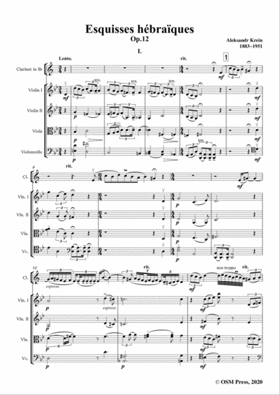 Krein-Esquisses hébraïques,Op.12,for Clarinet and String Quartet Clarinet scores gallery preview page 3