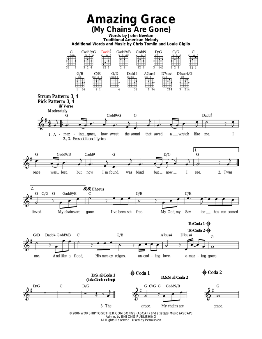 Amazing Grace (My Chains Are Gone) Easy Guitar scores gallery preview page 1