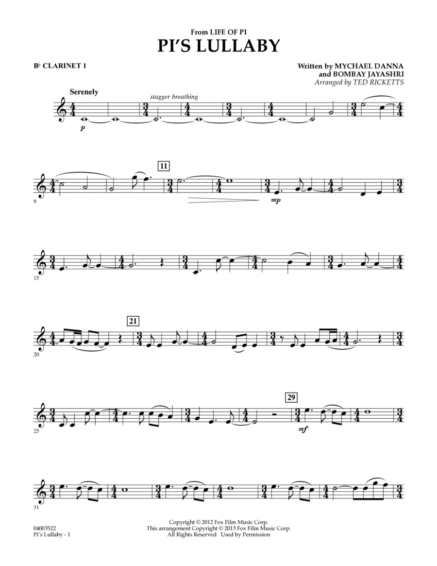 Pi's Lullaby (from Life of Pi) - Bb Clarinet 1
