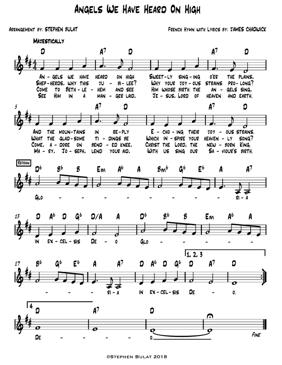 Angels We Have Heard On High - Lead sheet (melody, lyrics & chords) in key of D Jazz Ensemble scores gallery preview page 1