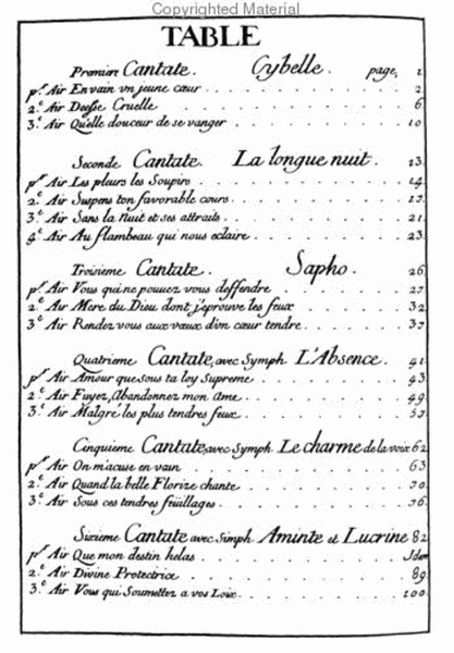 French cantatas or chamber music for one and two voices, with and without symphonie and with continuo bass. 7th book