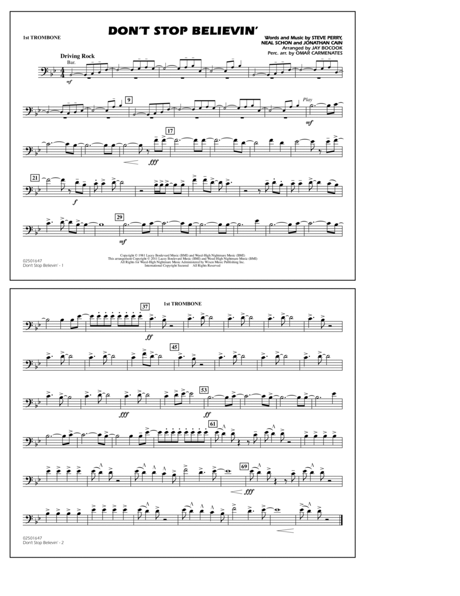 Don't Stop Believin' - 1st Trombone Marching Band scores gallery preview page 1