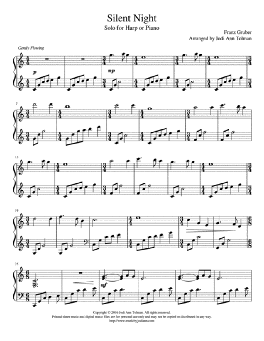 Silent Night, Harp Solo Harp scores gallery preview page 1