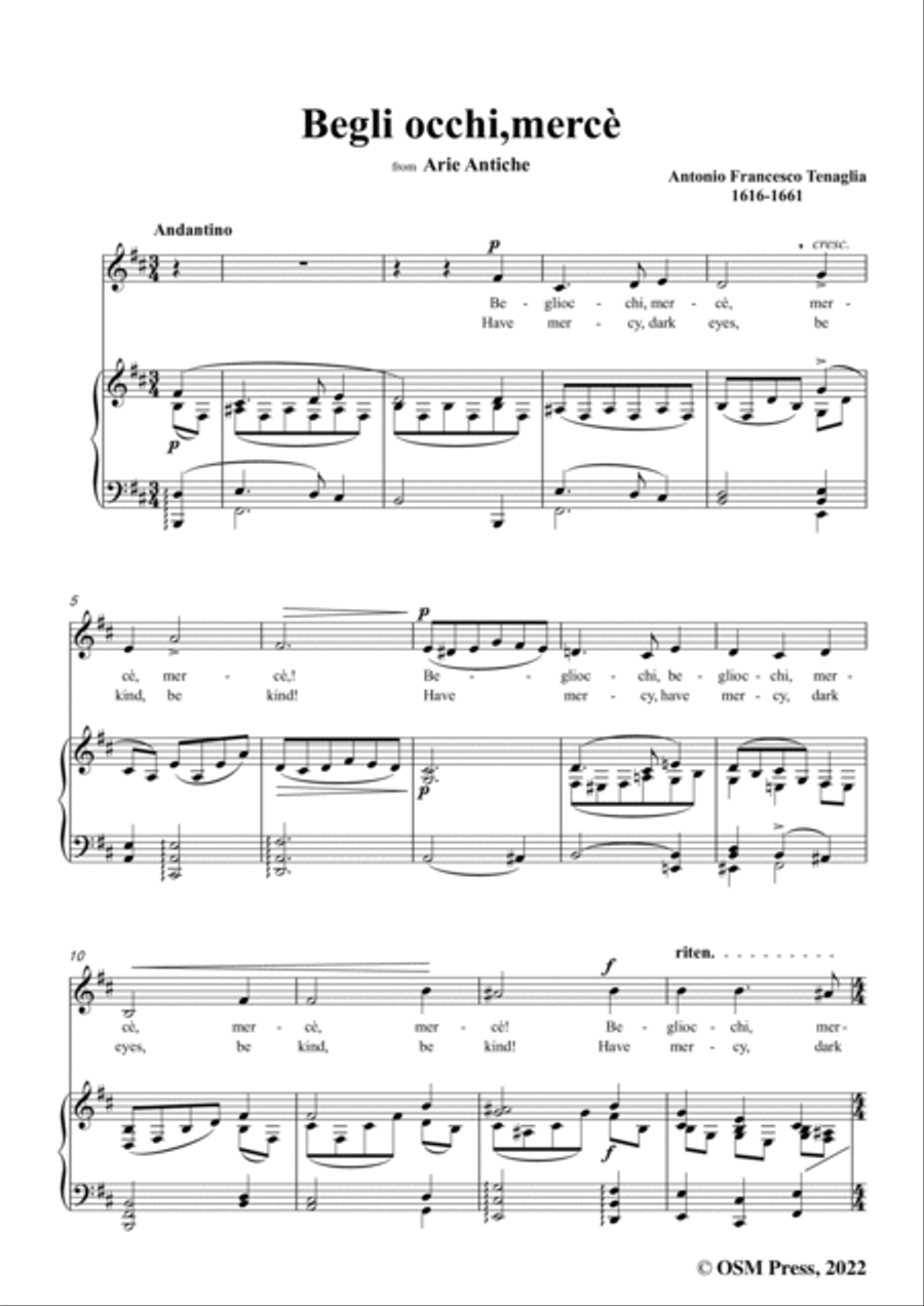 Tenaglia-Begli occhi,mercè,from Arie Antiche(Anthology of Italian Song),in b minor,for Voice and Pia Voice scores gallery preview page 3