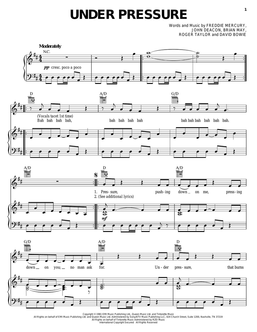 Under Pressure Piano, Vocal, Guitar scores gallery preview page 1