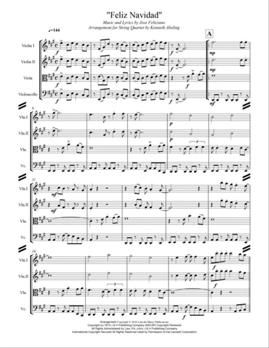 Feliz Navidad String Quartet scores gallery preview page 2