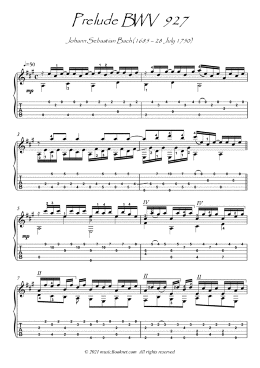 Bach for Guitar Prelude BWV 927 guitar solo Acoustic Guitar scores gallery preview page 1