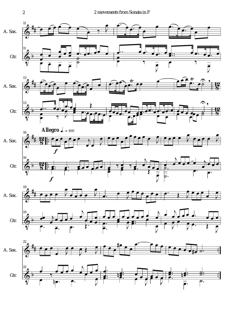 Sonata in F (first and last movements) for alto saxophone and guitar Alto Saxophone scores gallery preview page 2
