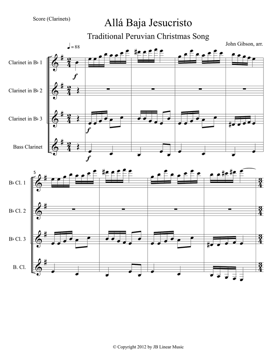 Christmas Carol from Peru for Clarinet Quartet Clarinet Quartet scores gallery preview page 1