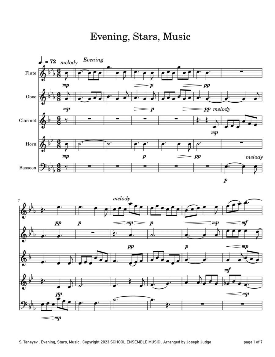 Evening Stars Music by Taneyev for Woodwind Quintet in Schools Woodwind Quintet scores gallery preview page 1