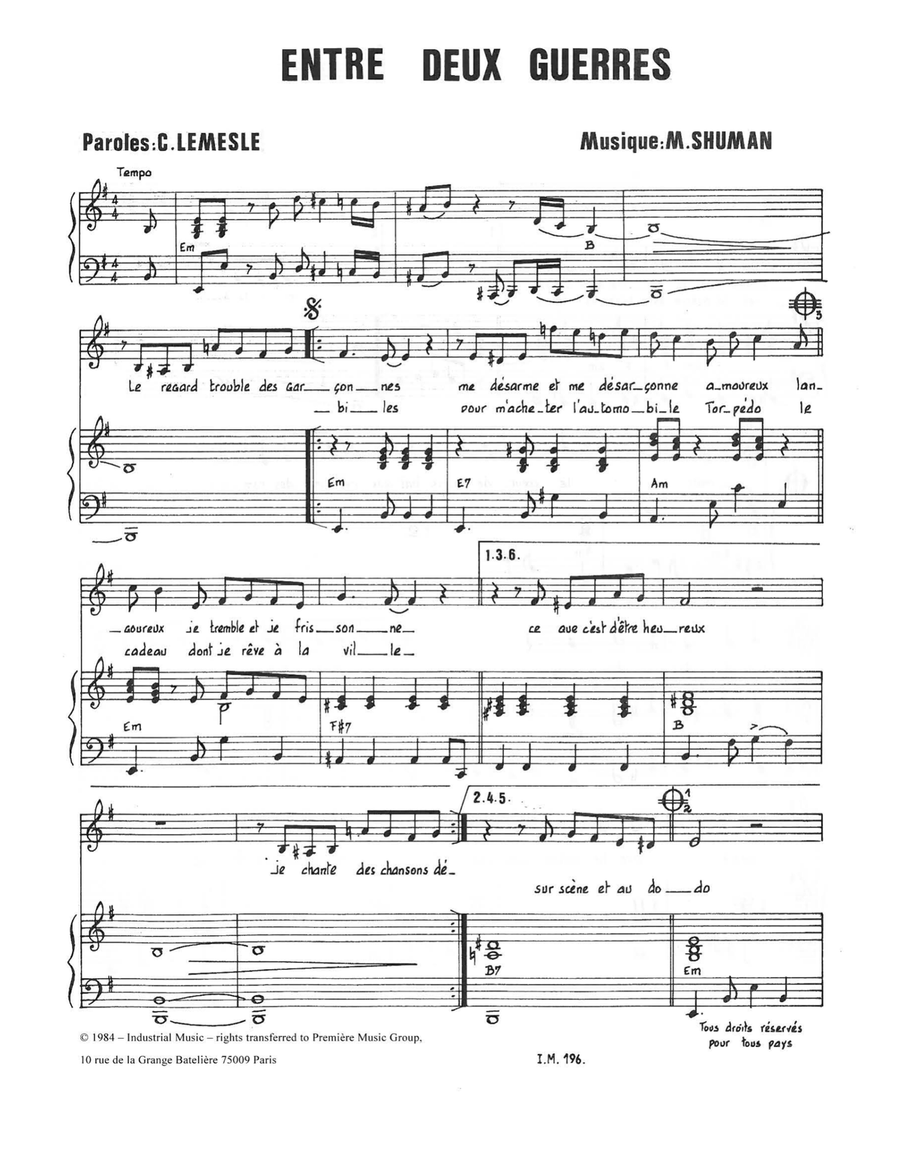 Entre Deux Guerres Piano, Vocal scores gallery preview page 1