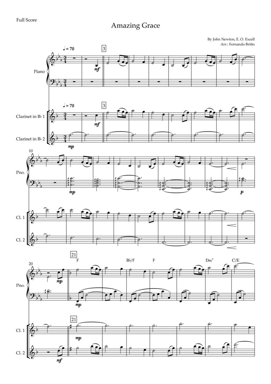Amazing Grace (John Newton, E. O. Excell) for Clarinet in Bb Duo and Piano Accompaniment with Chords Woodwind Duet scores gallery preview page 1