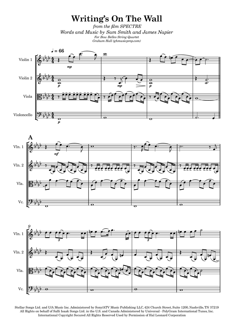 Writing's On The Wall from the film SPECTRE String Quartet scores gallery preview page 1