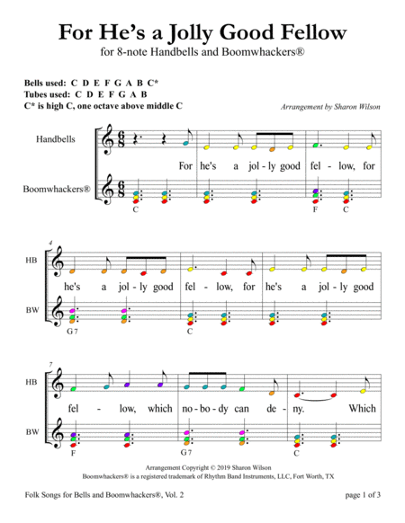 “For He's a Jolly Good Fellow” for 8-note Bells and Boomwhackers® (with Color Coded Notes) image number null