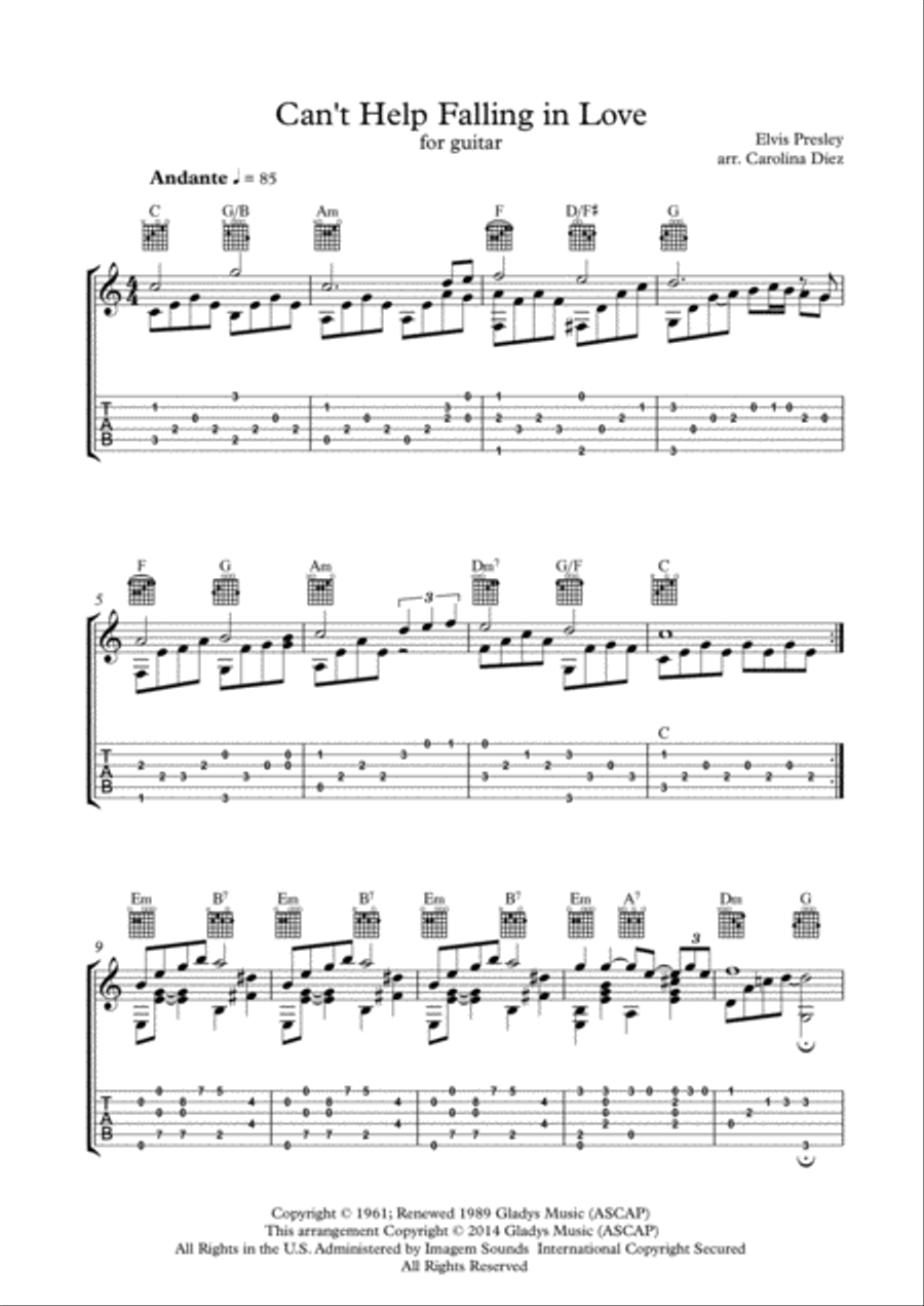 Can't Help Falling In Love Guitar Tablature scores gallery preview page 2
