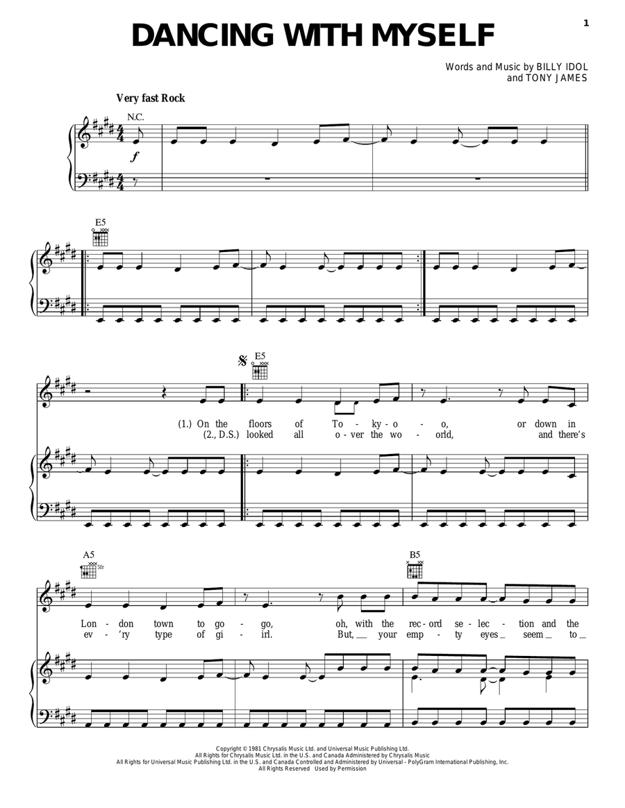 Dancing With Myself Piano, Vocal, Guitar scores gallery preview page 1