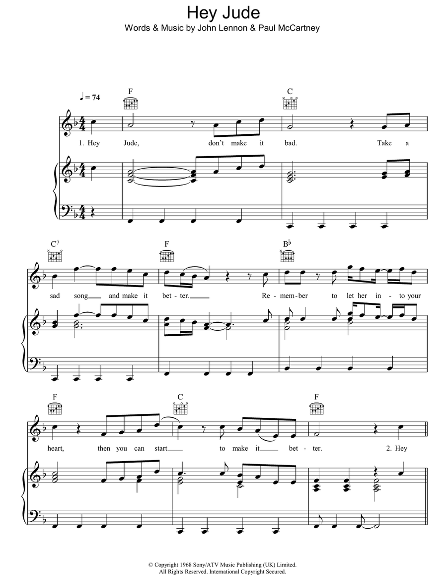 Hey Jude Piano, Vocal, Guitar scores gallery preview page 1