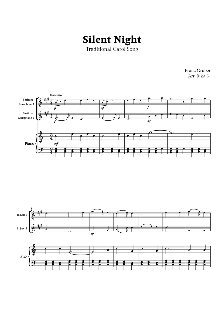 Silent Night for Baritone Sax Duet with Piano Woodwind Duet scores gallery preview page 1