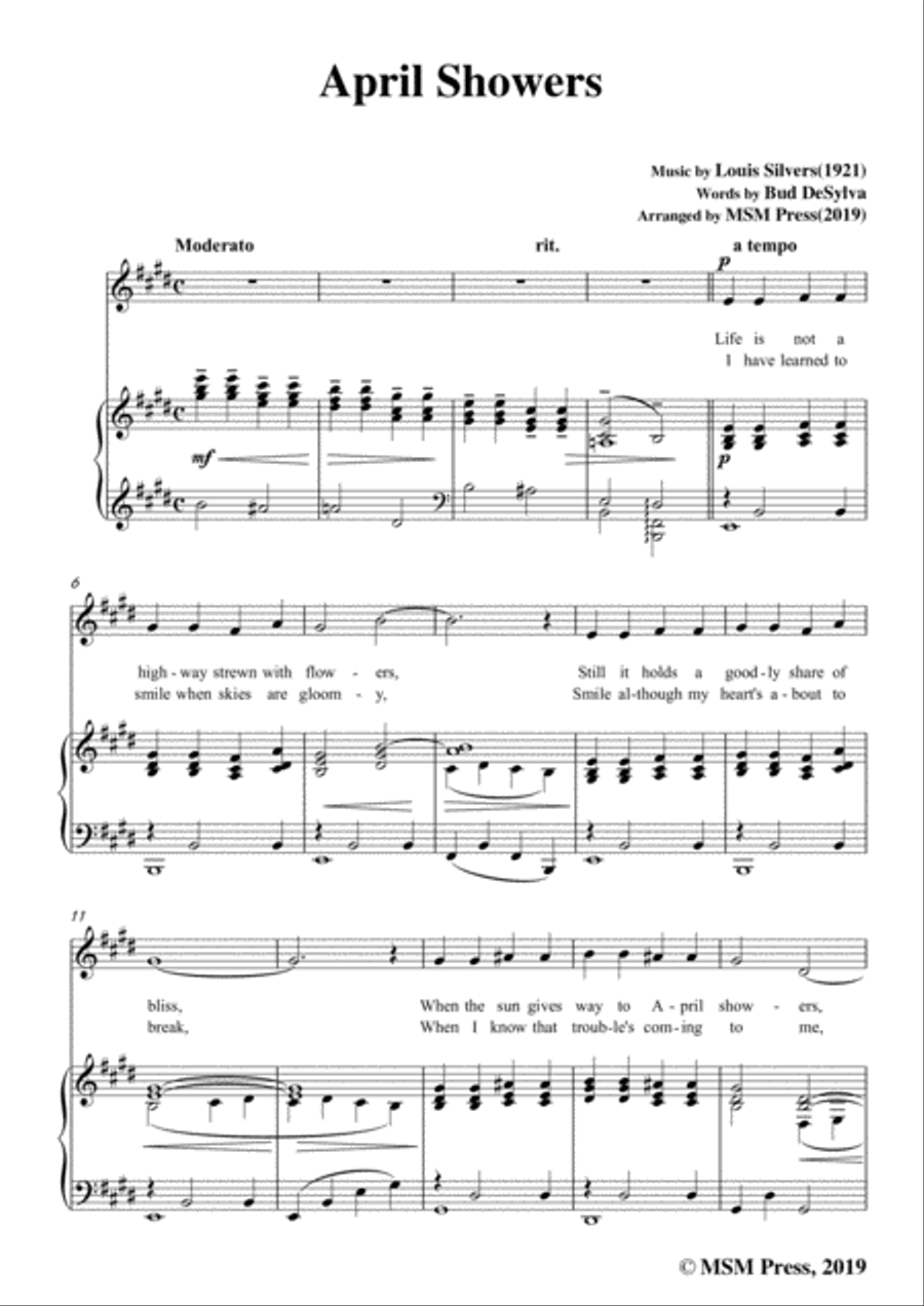 Louis Silvers-April Showers,in E Major,for Voice&Piano Voice scores gallery preview page 3