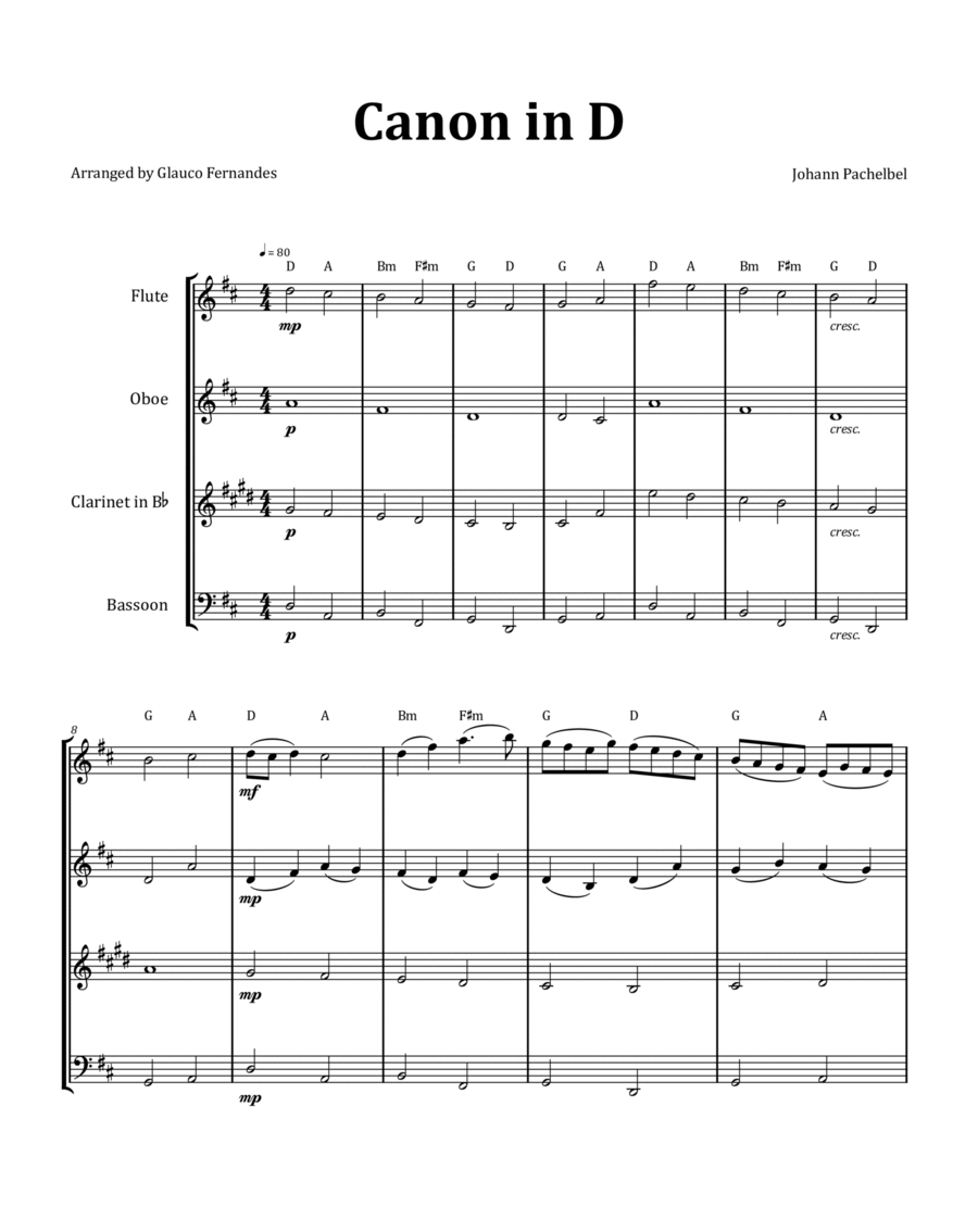 Canon by Pachelbel - Woodwind Quartet with Chord Notation image number null