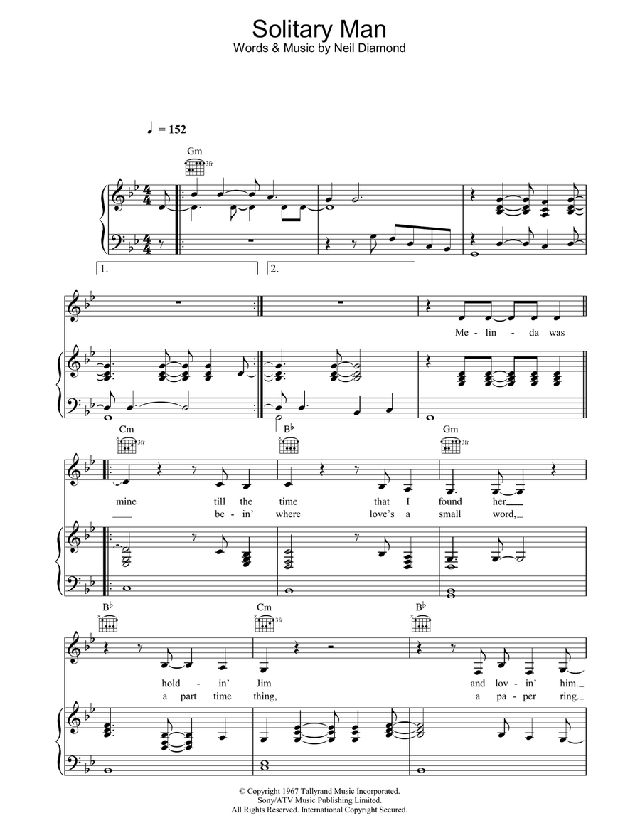 Solitary Man Piano, Vocal, Guitar scores gallery preview page 1