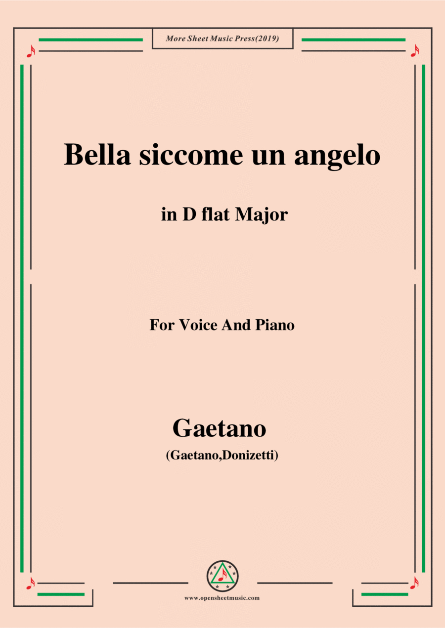 Donizetti-Bella siccome un angelo in D flat Major, for Voice and Piano Voice Solo scores gallery preview page 1