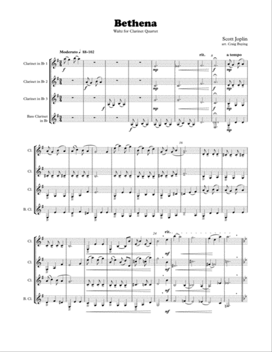 Joplin: Bethena Concert Waltz for Clarinet Quartet Clarinet Quartet scores gallery preview page 2